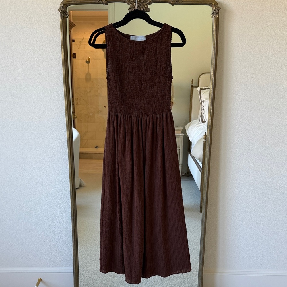 Hill House Cosima Nap dress in brown seersucker